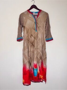 Women’s Brown Tunic Dress with Red & Turquoise Kurti Ladies Full Sleeve Suit